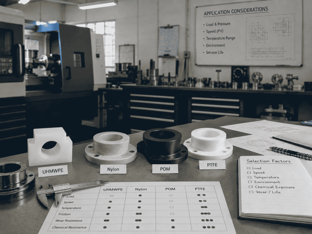 UHMWPE, nylon, POM and PTFE components evaluated by load, speed, temperature and chemical resistance