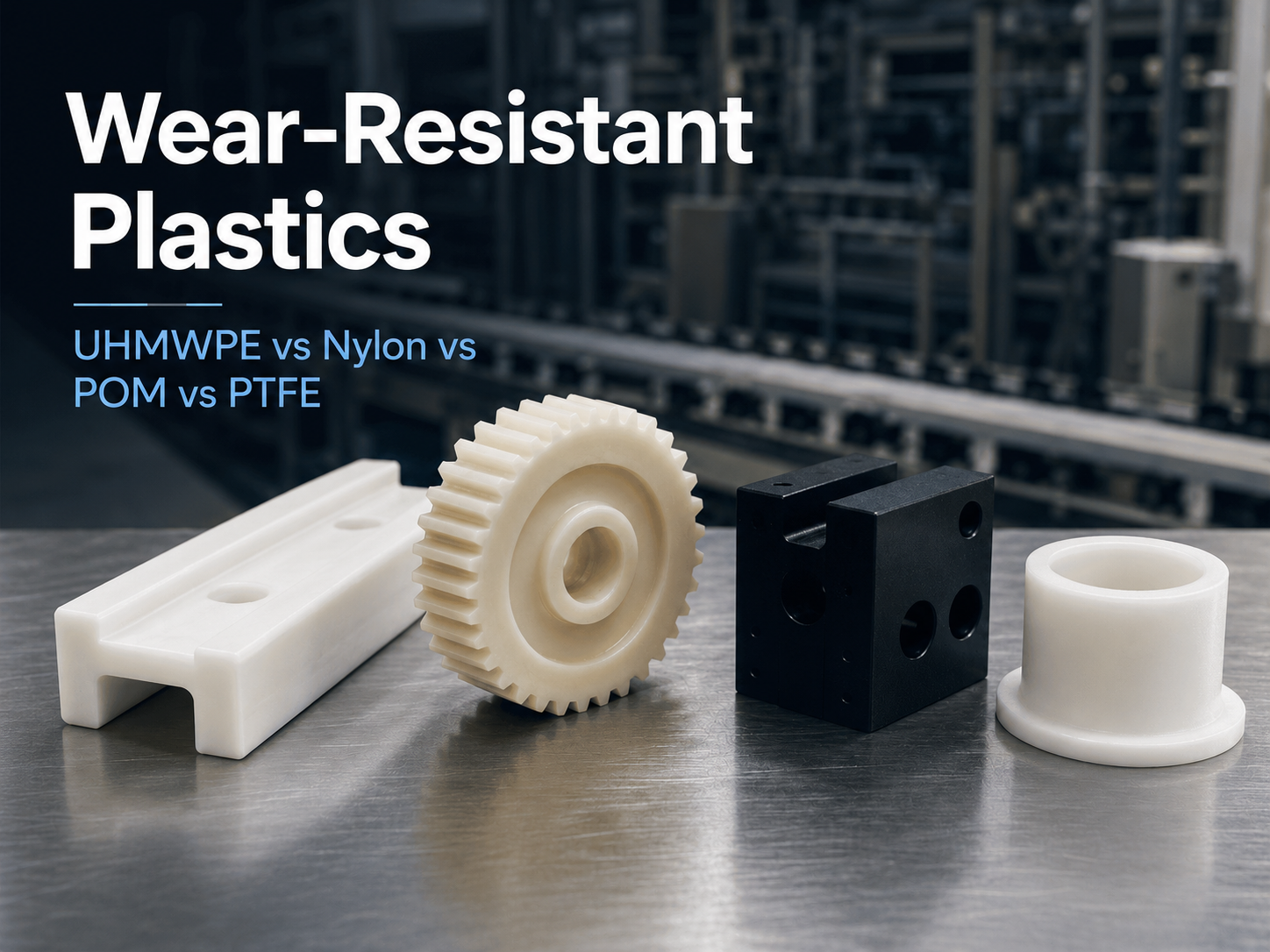Wear-resistant plastics including UHMWPE guide rail, nylon gear, POM block and PTFE bushing