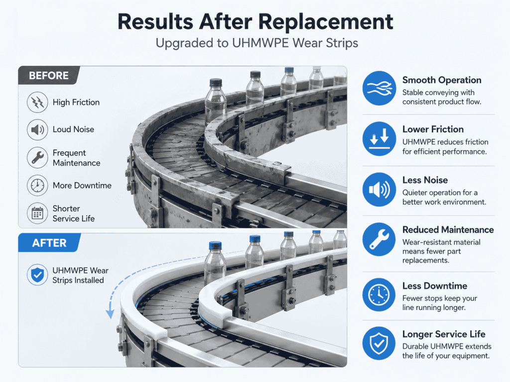 Before and after comparison of a conveyor system upgraded with UHMWPE wear strips.