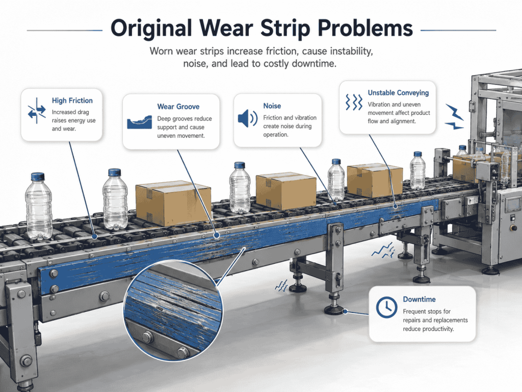 Worn conveyor wear strips causing high friction, wear grooves, noise, unstable conveying, and equipment downtime.