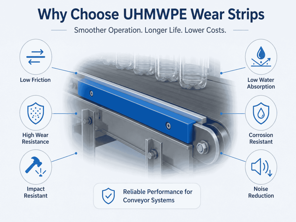 UHMWPE conveyor wear strip with low friction, high wear resistance, impact resistance, low water absorption, corrosion resistance, and noise reduction.