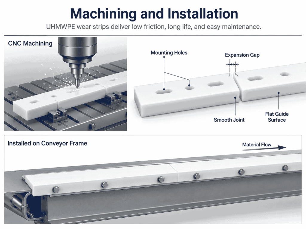 CNC machining and installation details of UHMWPE conveyor wear strips with mounting holes, expansion gaps, and smooth joints.