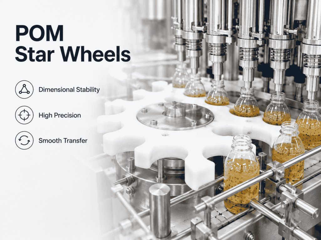 POM star wheel guiding bottles through a food filling machine