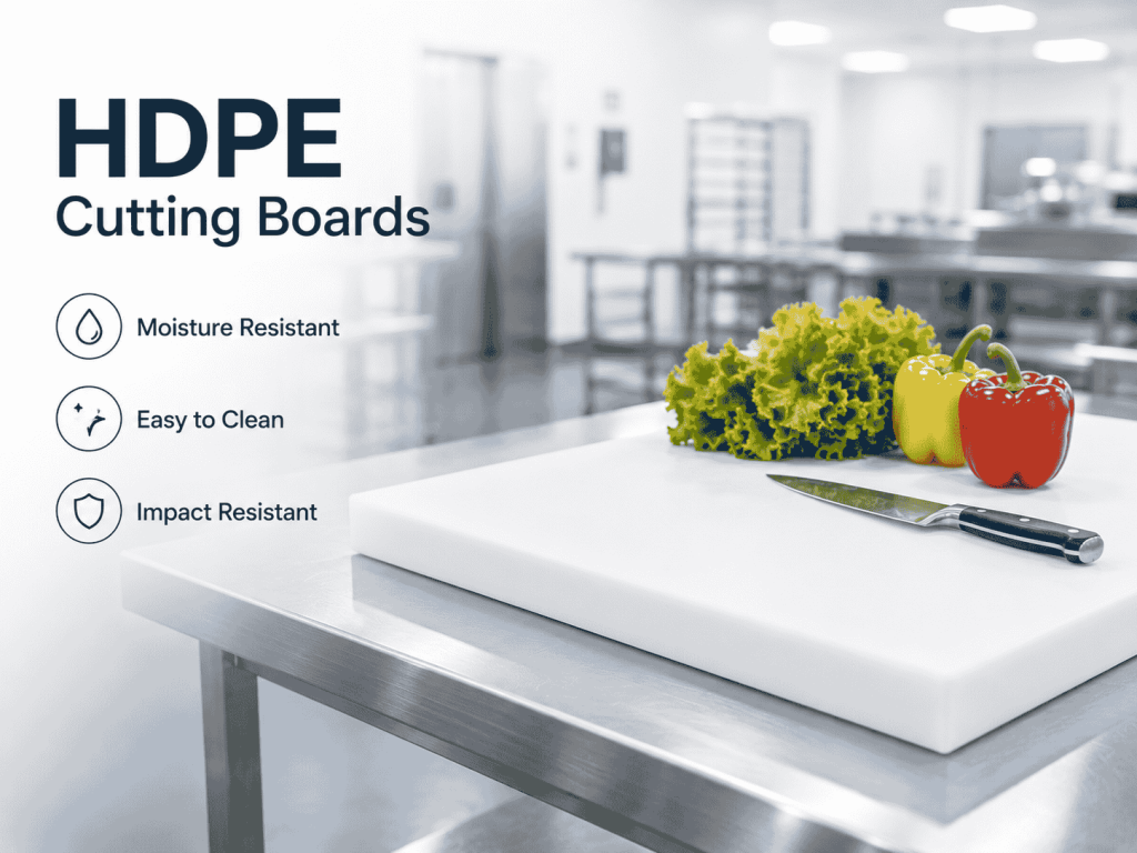 HDPE cutting board on a stainless-steel food preparation table