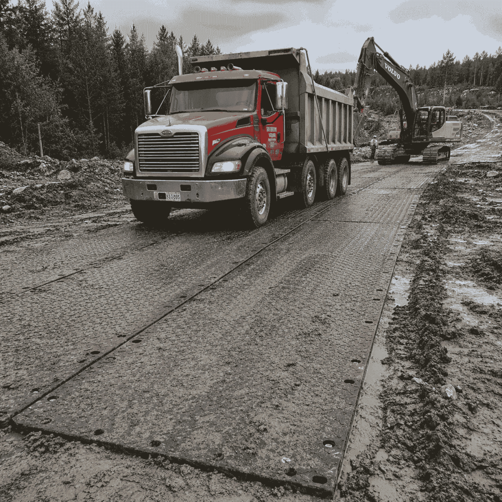 UHMWPE ground protection mats forming a temporary roadway for construction vehicles on muddy terrain