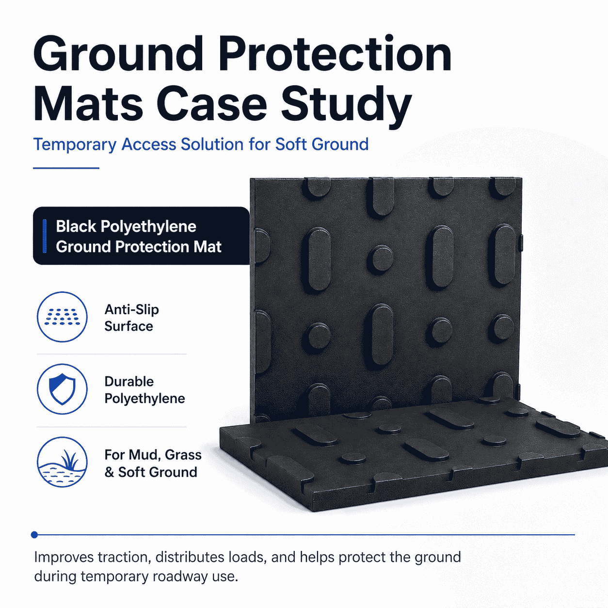 Black polyethylene ground protection mat with anti-slip raised surface pattern for temporary roadway use