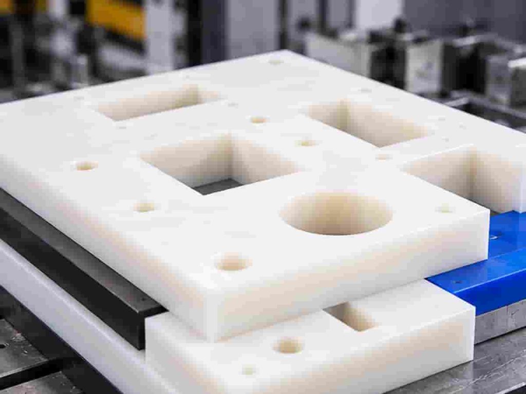 白色工程塑料板件开孔开槽及异形结构加工展示